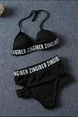 Black Sexy Letter Pattern Halter Bikini Set Areous