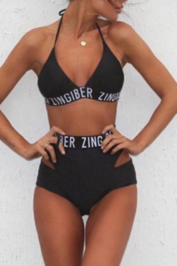 Black Sexy Letter Pattern Halter Bikini Set Areous