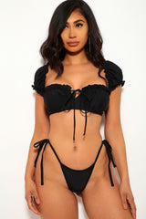 Black Short Sleeve Ruffled Two Piece Swimsuit Areous