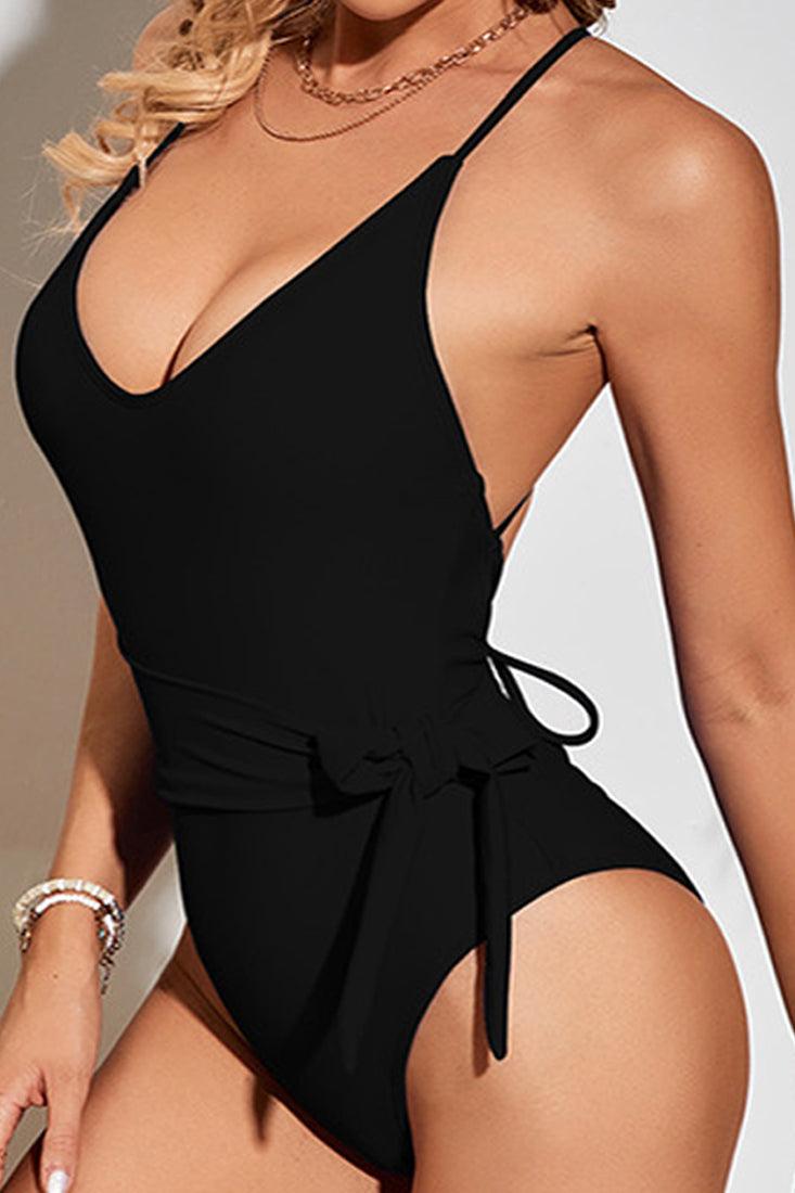 Black Sleeveless One Piece Swimsuit Areous