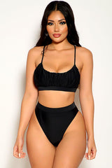 Black Sleeveless Ruched Mid Rise Two Piece Swimsuit Areous