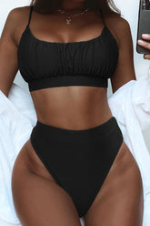 Black Sleeveless Ruched Mid Rise Two Piece Swimsuit Areous
