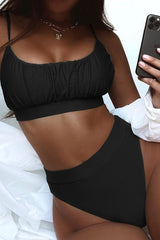 Black Sleeveless Ruched Mid Rise Two Piece Swimsuit Areous