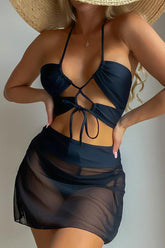 Black Strappy Lace Up Three Piece Swimsuit Areous