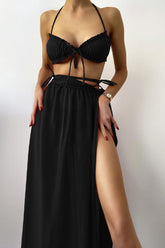 Black Strappy Mesh Three Piece Swimsuit Areous