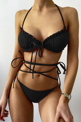 Black Strappy Mesh Three Piece Swimsuit Areous