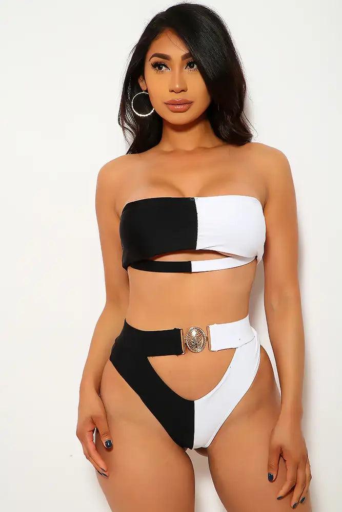 Black White Cut Out Padded Two Piece Swimsuit Areous