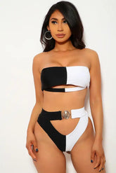 Black White Cut Out Padded Two Piece Swimsuit Areous