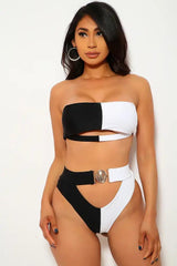 Black White Cut Out Padded Two Piece Swimsuit Areous