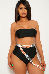 Black White High Waist Three Piece Swimsuit Set Areous
