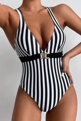 Black White Striped V Cut One Piece Swimsuit Areous