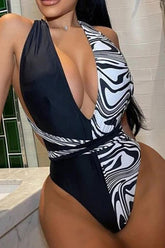 Black White Zebra Print Deep V-Cut Monokini Areous