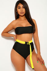 Black Yellow High Waist Three Piece Swimsuit Set Areous