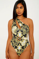 Black Yellow Printed One Piece Swimsuit Areous