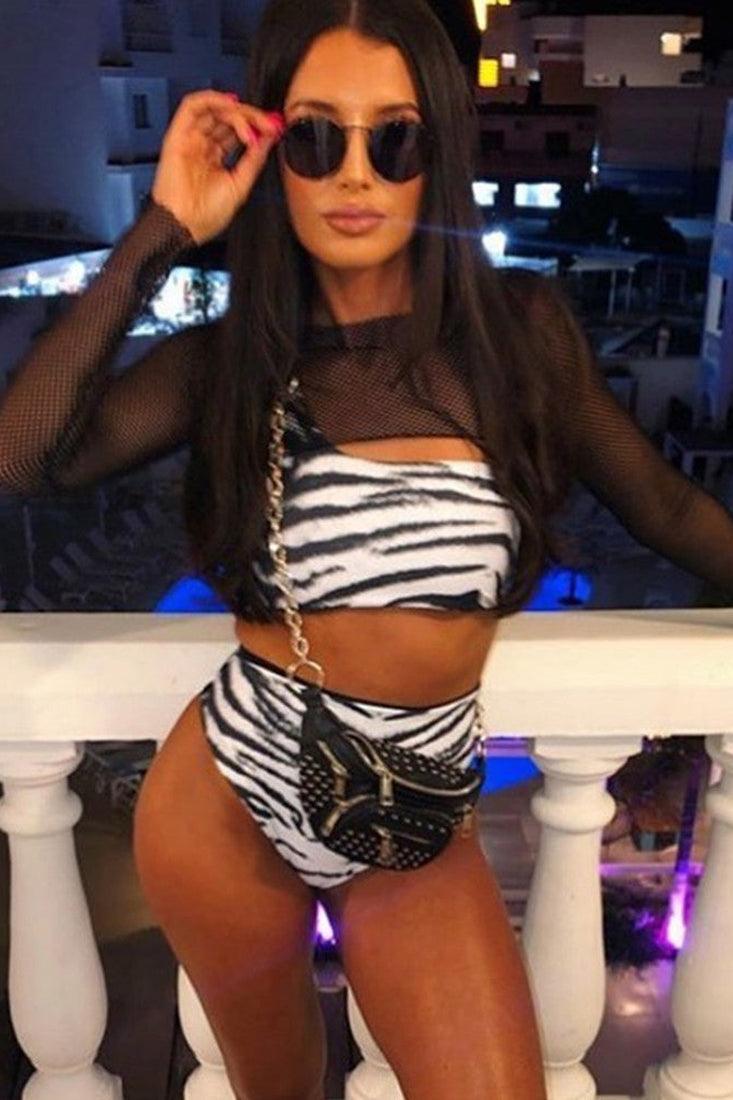Black Zebra Print Netted One Shoulder Three Piece Swimsuit Areous