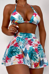 Blue Floral Print Cheeky Three Piece Swimsuit Areous