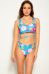 Blue Floral Print Strappy Two Piece Swimsuit Areous