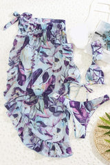 Blue Purple Floral Print Ruffled Three Piece Swimsuit Areous