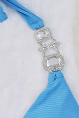 Blue Rhinestone Gem Ruched Halter Cheeky 2 Pc Swimsuit Areous