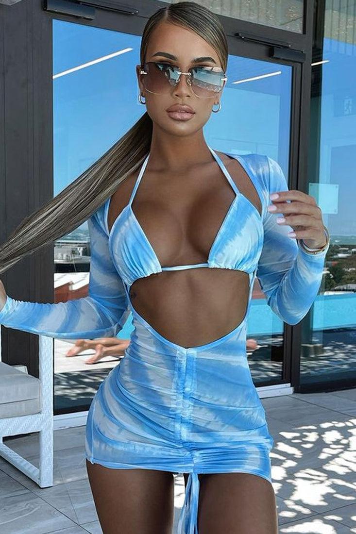 Blue White Printed Three Piece Swimsuit Areous