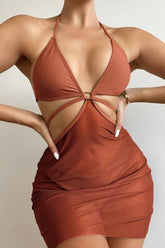 Brown Strappy Halter Three Piece Swimsuit Areous