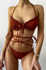 Brown Strappy Mesh Three Piece Swimsuit Areous