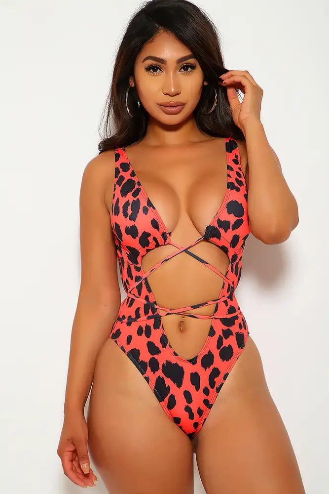 Burnt Orange Black Strappy One Piece Swimsuit Areous