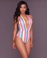 Colorful Vertical Stripe Print Halter Monokini 25704 Areous