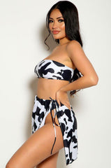 Cow Print Bandeau Three Piece Bikini Coverup Swimsuit Areous