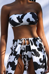 Cow Print Bandeau Three Piece Bikini Coverup Swimsuit Areous
