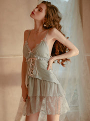 Deep V Strap Pajamas Women's Sweet Lace Chest Pad Sling Nightdress Areous