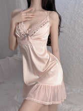 Deep V Sweet Satin Panel Mesh Pyjamas Areous