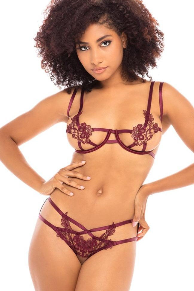 Embriodered Open Cup Bra Set Areous