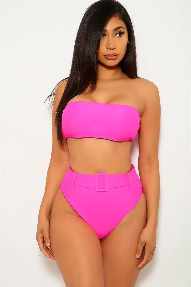 Fuchsia Bandeau Belted Two Piece Swimsuit Areous