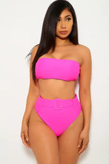 Fuchsia Bandeau Belted Two Piece Swimsuit Areous