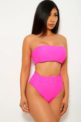 Fuchsia Bandeau Belted Two Piece Swimsuit Areous