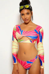 Fuchsia Blue Long Sleeves Two Piece Swimsuit Areous