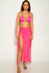 Fuchsia Mesh High Slits One Piece Swimsuit Skirt Coverup Areous