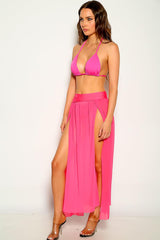 Fuchsia Mesh High Slits One Piece Swimsuit Skirt Coverup Areous