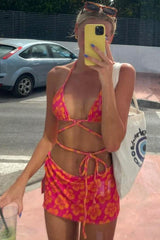 Fuchsia Orange Floral Print Three Piece Swimsuit Areous
