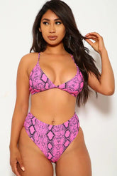 Fuchsia Snake Print High Waist Two Piece Swimsuit Areous
