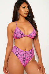 Fuchsia Snake Print High Waist Two Piece Swimsuit Areous