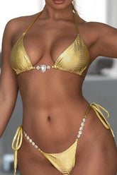 Gold Snake Rhinestone Strappy Halter Cheeky 2 Pc Swimsuit Areous