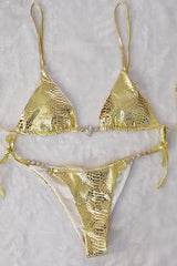 Gold Snake Rhinestone Strappy Halter Cheeky 2 Pc Swimsuit Areous