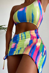 Green Blue Pink Printed One Shoulder Two Piece Swimsuit Areous