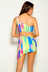 Green Blue Pink Printed One Shoulder Two Piece Swimsuit Areous