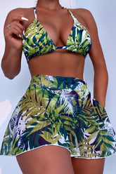 Green Floral Print Cheeky Three Piece Swimsuit Areous