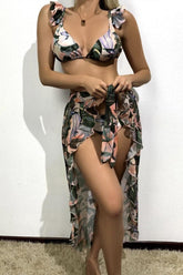 Green Floral Print Ruffled Three Piece Swimsuit Areous