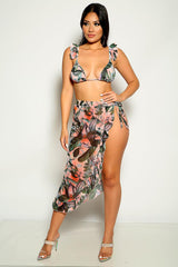 Green Floral Print Ruffled Three Piece Swimsuit Areous