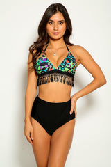Green Leopard Print Fringe Three Piece Swimsuit Areous